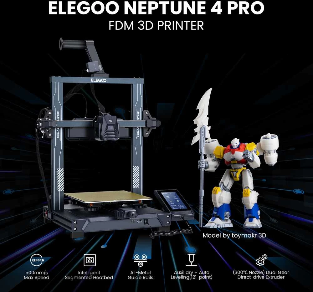 Elegoo Neptune 4 PRO su atspausdinta roboto figūrėle
