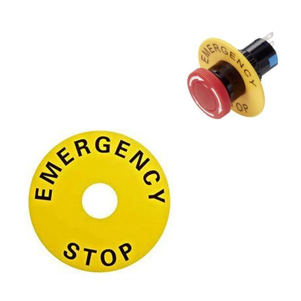Geltonas EMERGENCY STOP žiedas 90mm su mygtuku