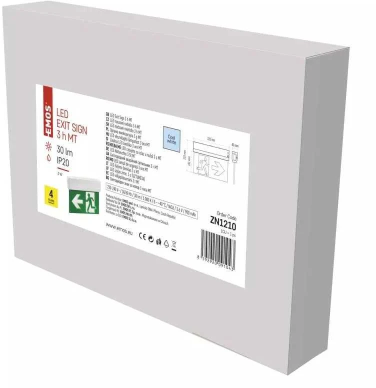 Evakuacinis avarinis šviestuvas EXIT, LED 230V AC 3W 30lm 3val., su baterija, EMOS