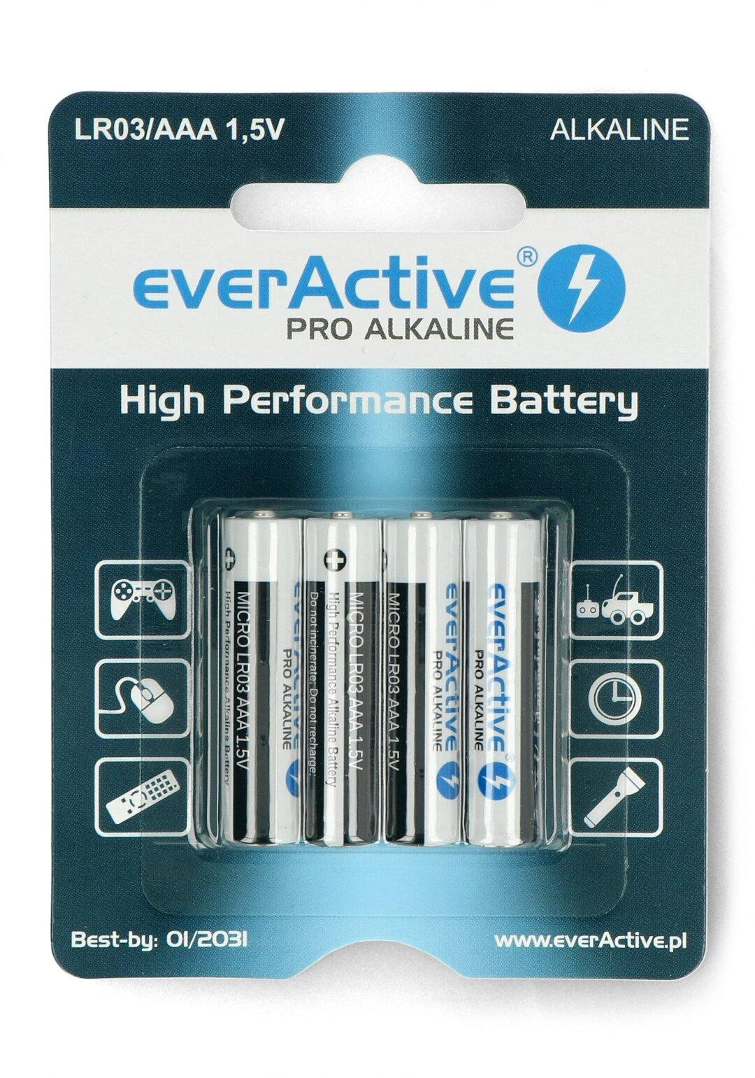 EverActive AAA LR03 šarminės baterijos pakuotėje