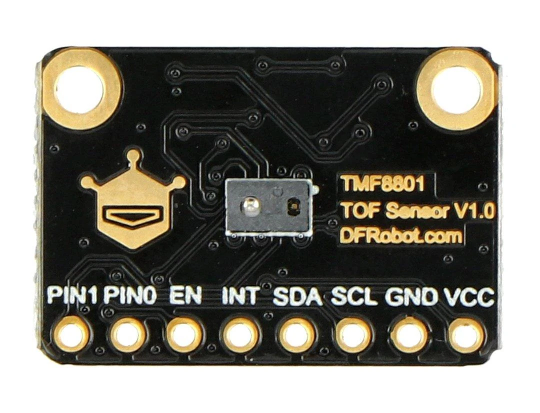 TMF8801 ToF jutiklio plokštė su pažymėtais I2C kontaktais