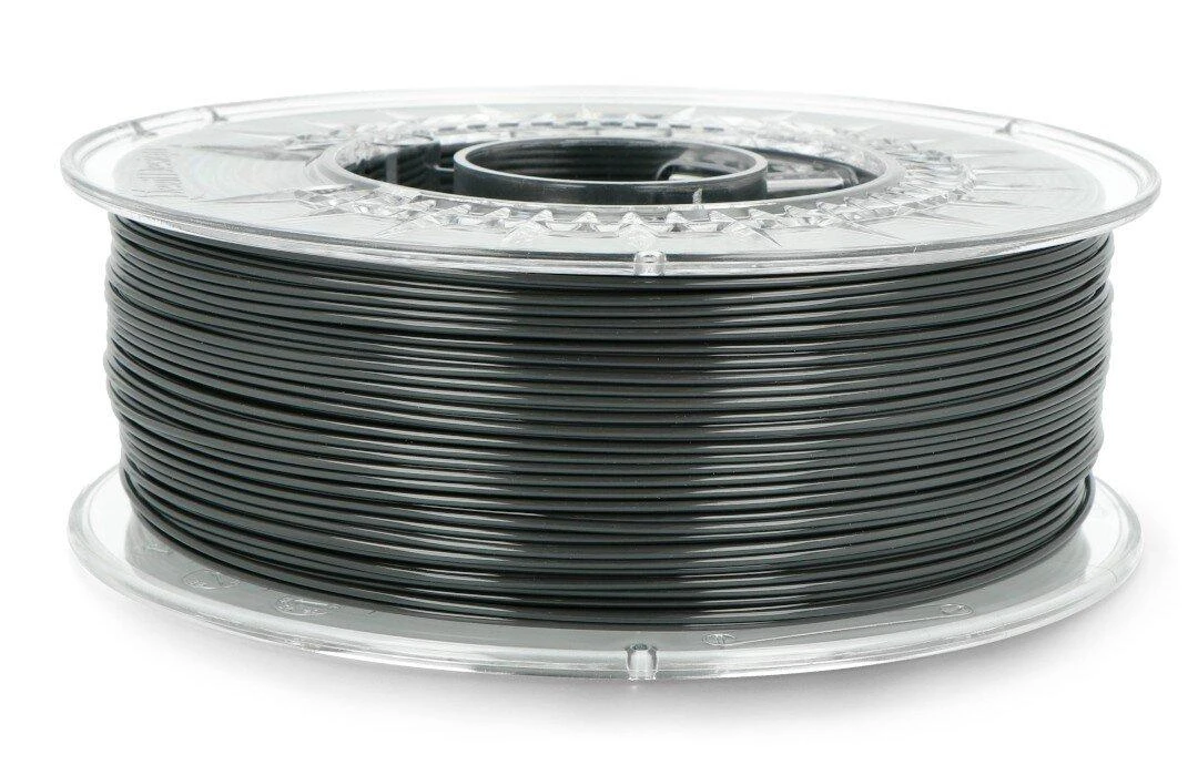 PETG 1.75mm tamsiai pilkas filamentas ant skaidrios ritės