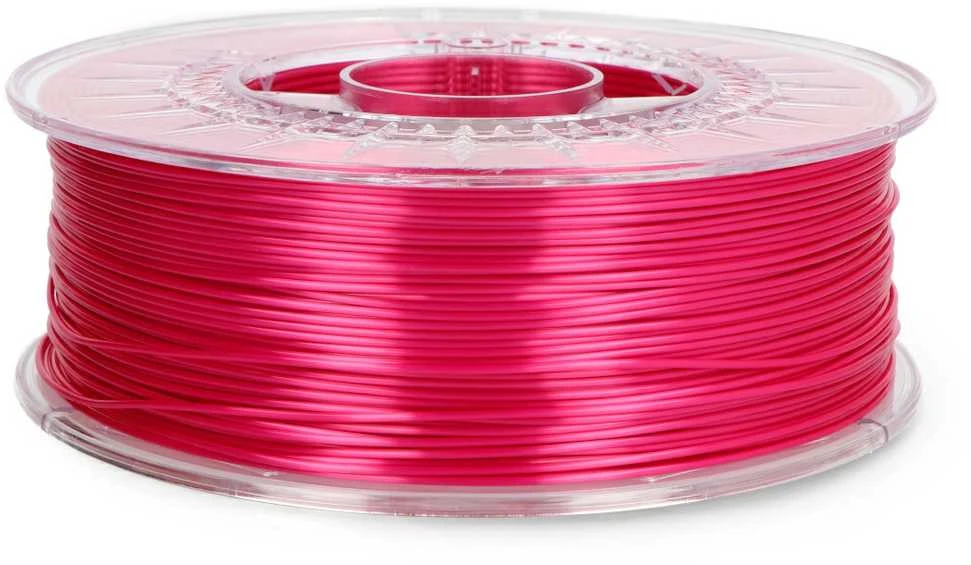 Rožinis blizgus 3D spausdinimo filamentas ant skaidrios ritės