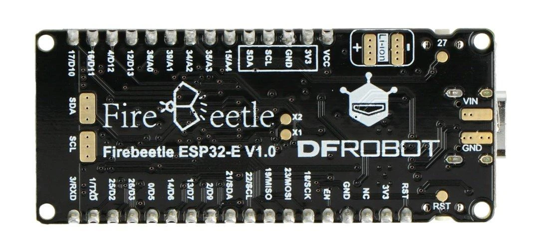 FireBeetle ESP32-E plokštės viršus su jungčių žymėjimu