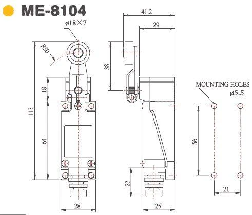 ME-8104 galinės padėties jungiklio techninė schema ir matmenys