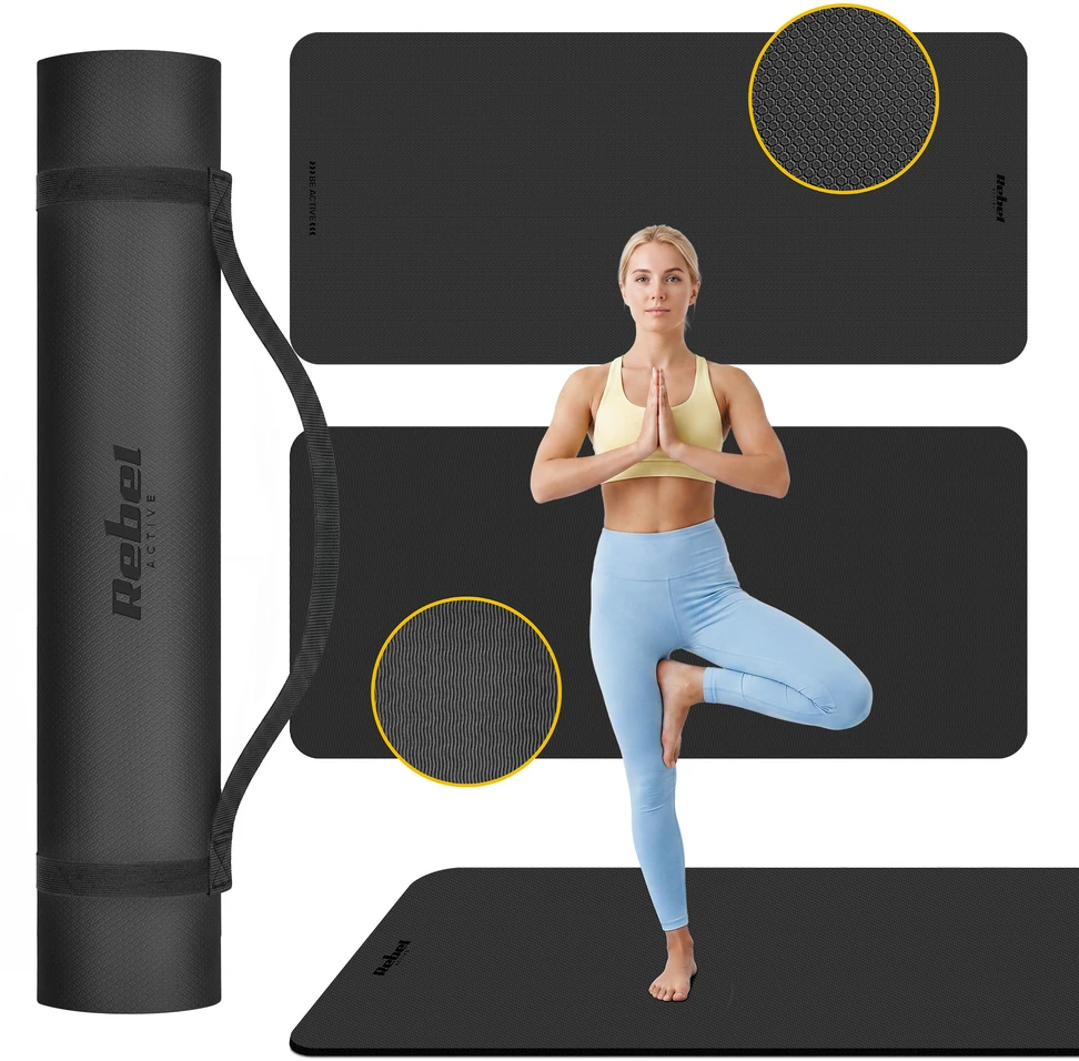 Mata Gimnastikos kilimėlis jogai, pilatesui, fitnesui, 200x90cm, 1cm storio, TPE medžiaga, juodas, REBEL ACTIVE