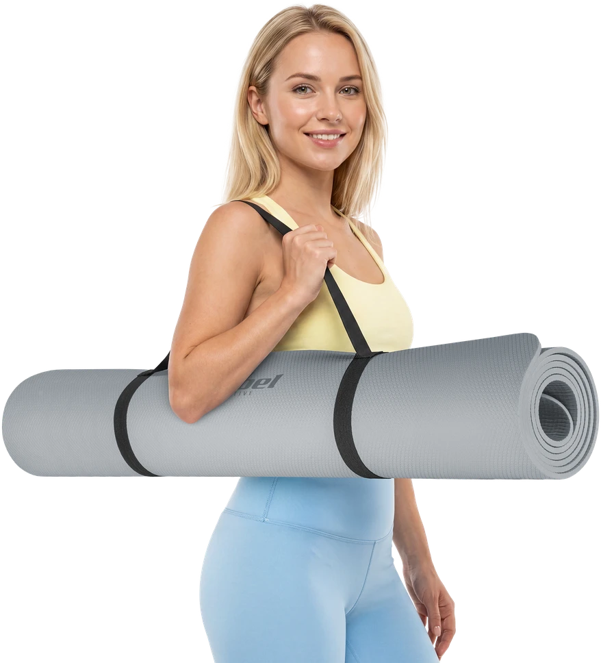 Mata Gimnastikos kilimėlis jogai, pilatesui, fitnesui, 200x115 cm, 1 cm storio, TPE medžiaga, pilkas, REBEL ACTIVE