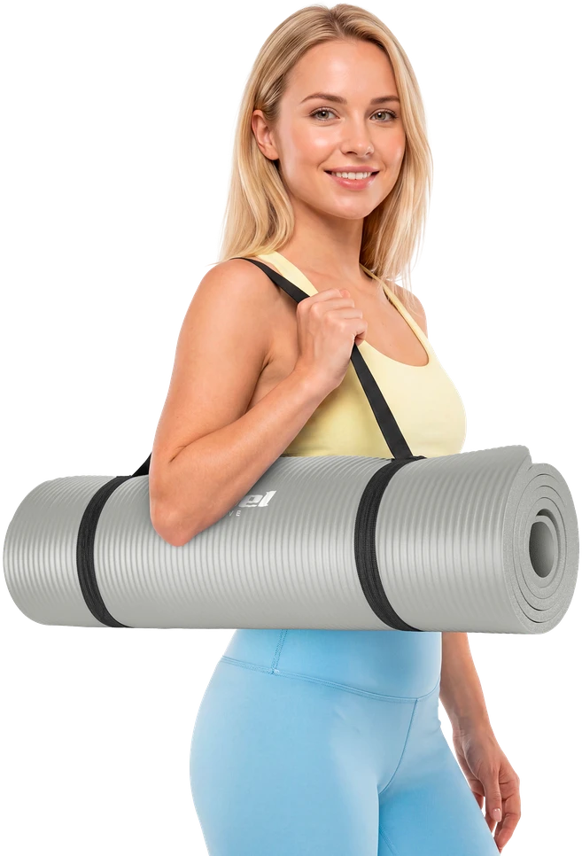 Mata Gimnastikos kilimėlis jogai, pilatesui, fitnesui, 183x61cm, 1,5cm storio, NBR medžiaga, pilkas, REBEL ACTIVE