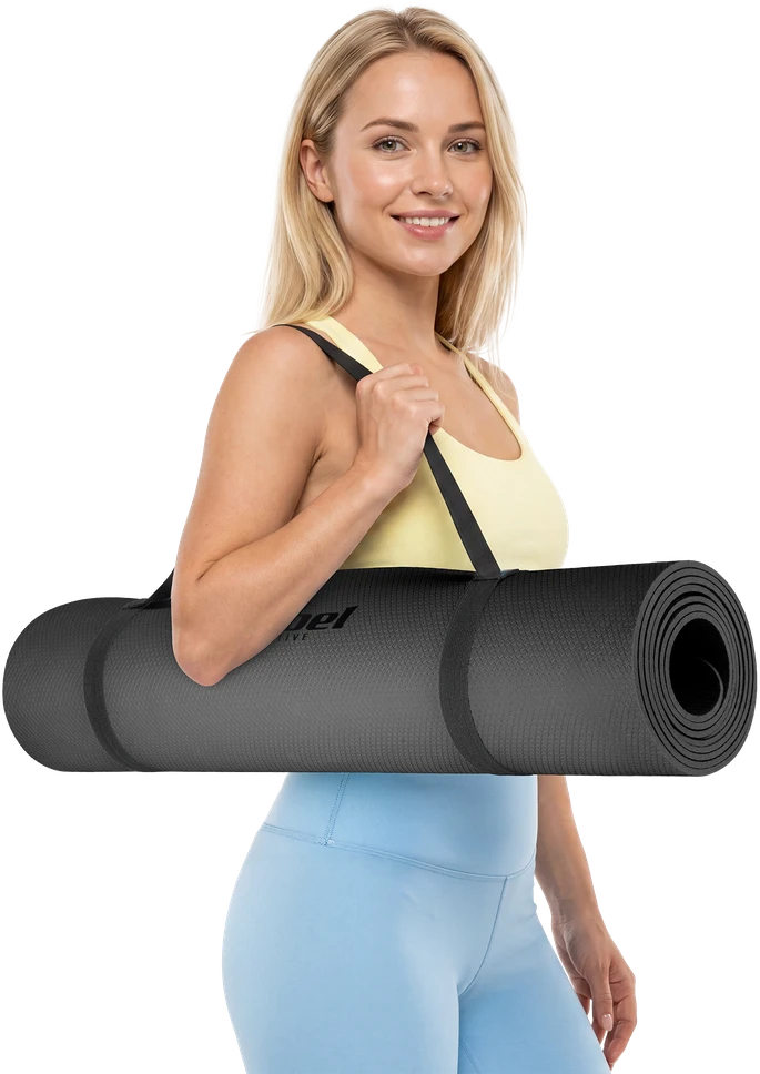 Mata Gimnastikos kilimėlis jogai, pilatesui, fitnesui, 183x61cm, 4mm storio, TPE medžiaga, juodas, REBEL ACTIVE