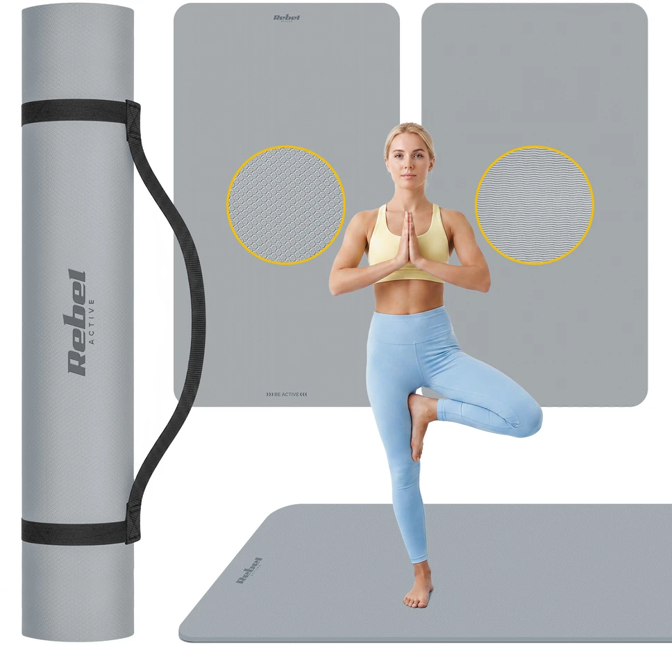 Mata Gimnastikos kilimėlis jogai, pilatesui, fitnesui, 200x115 cm, 1 cm storio, TPE medžiaga, pilkas, REBEL ACTIVE
