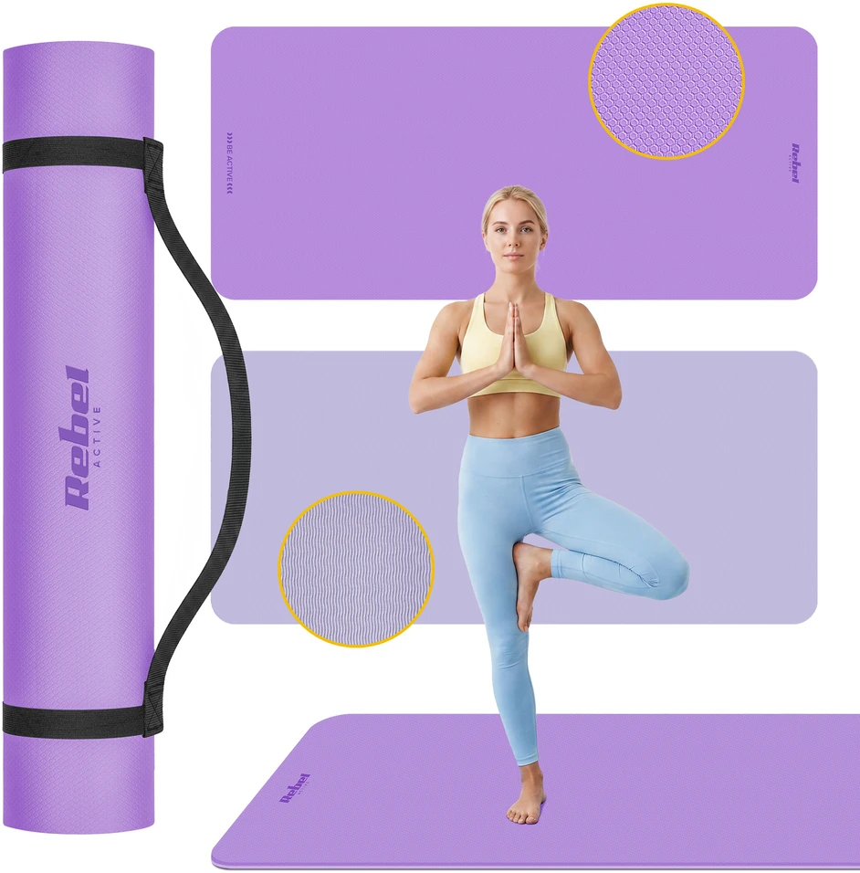 Mata Gimnastikos kilimėlis jogai, pilatesui, fitnesui, 200x90cm, 1cm storio, TPE medžiaga, violetinė, REBEL ACTIVE