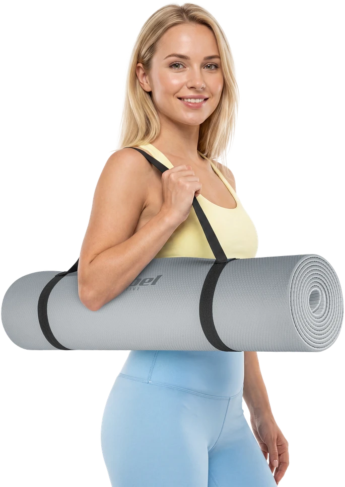 Mata Gimnastikos kilimėlis jogai, pilatesui, fitnesui, 183x61cm, 4mm storio, TPE medžiaga, pilkas, REBEL ACTIVE