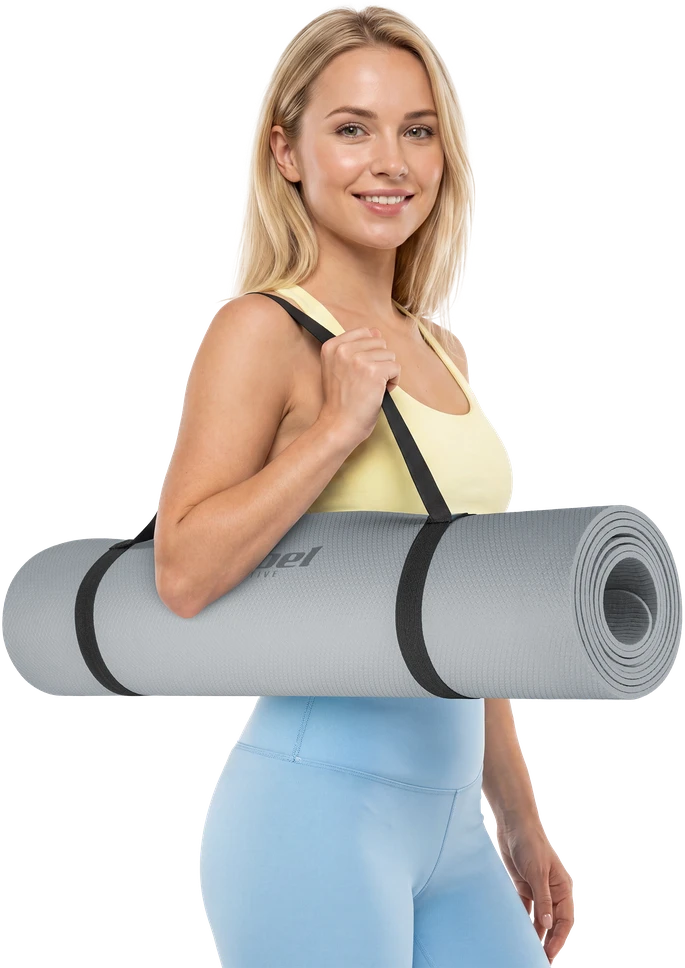 Mata Gimnastikos kilimėlis jogai, pilatesui, fitnesui, 183x61cm, 4mm storio, TPE medžiaga, pilkas, REBEL ACTIVE