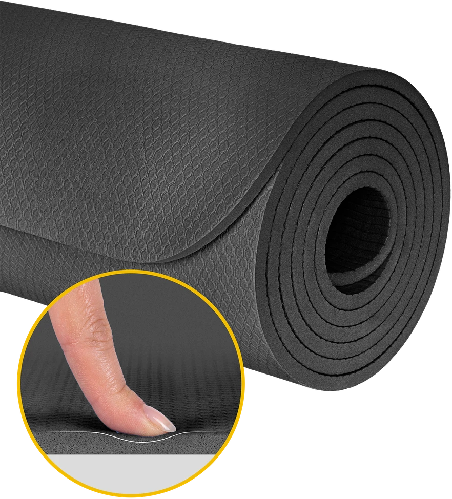 Mata Gimnastikos kilimėlis jogai, pilatesui, fitnesui, 200x90cm, 1cm storio, TPE medžiaga, juodas, REBEL ACTIVE