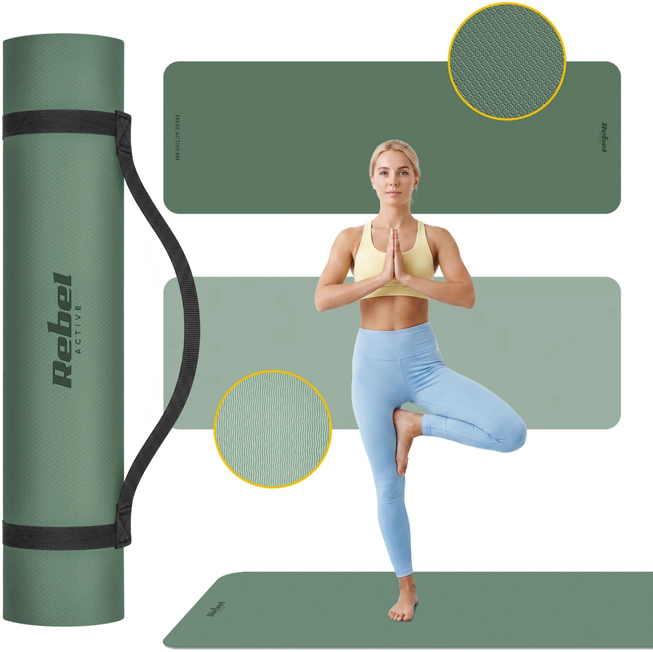 Mata Gimnastikos kilimėlis jogai, pilatesui, fitnesui, 183x61cm, 6mm storio, TPE medžiaga, žalias, REBEL ACTIVE
