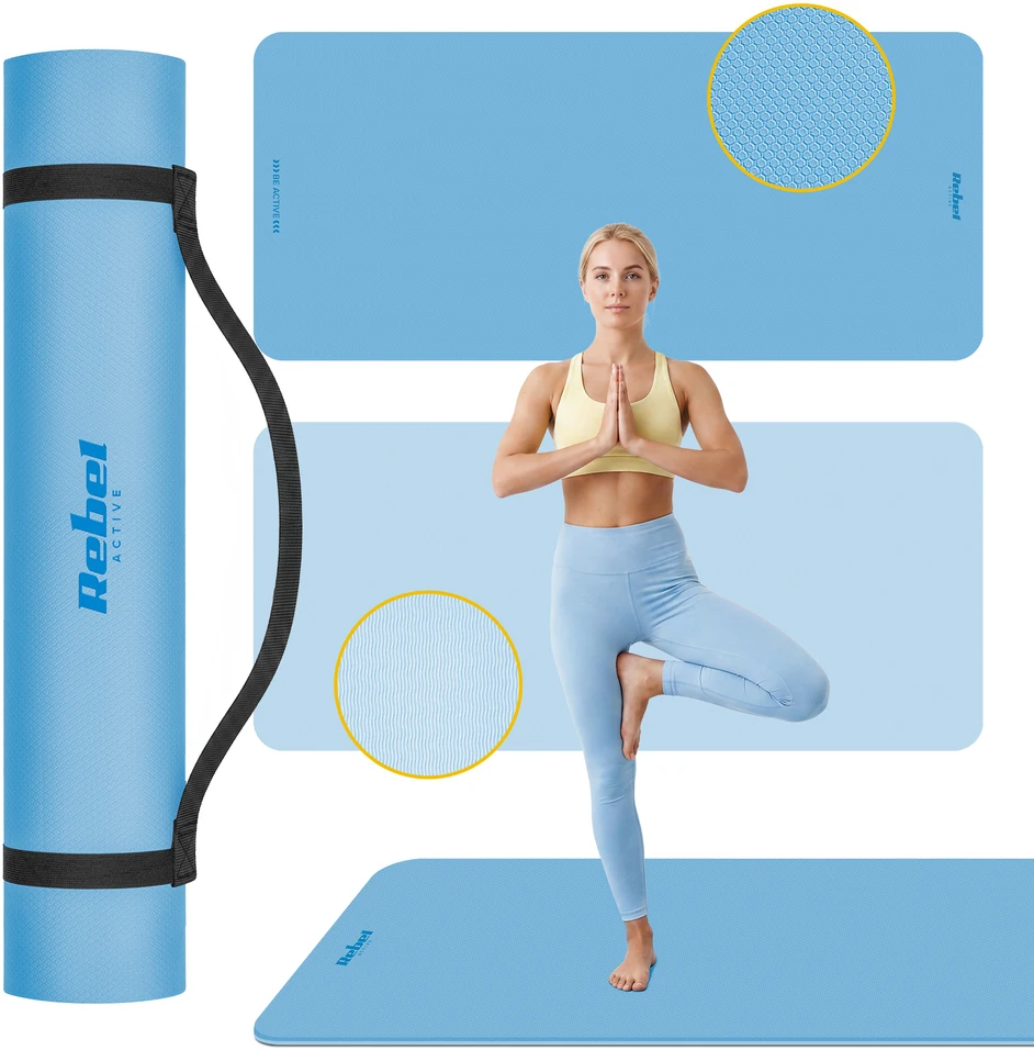 Mata Gimnastikos kilimėlis jogai, pilatesui, fitnesui, 200x90cm, 1cm storio, TPE medžiaga, mėlynas, REBEL ACTIVE