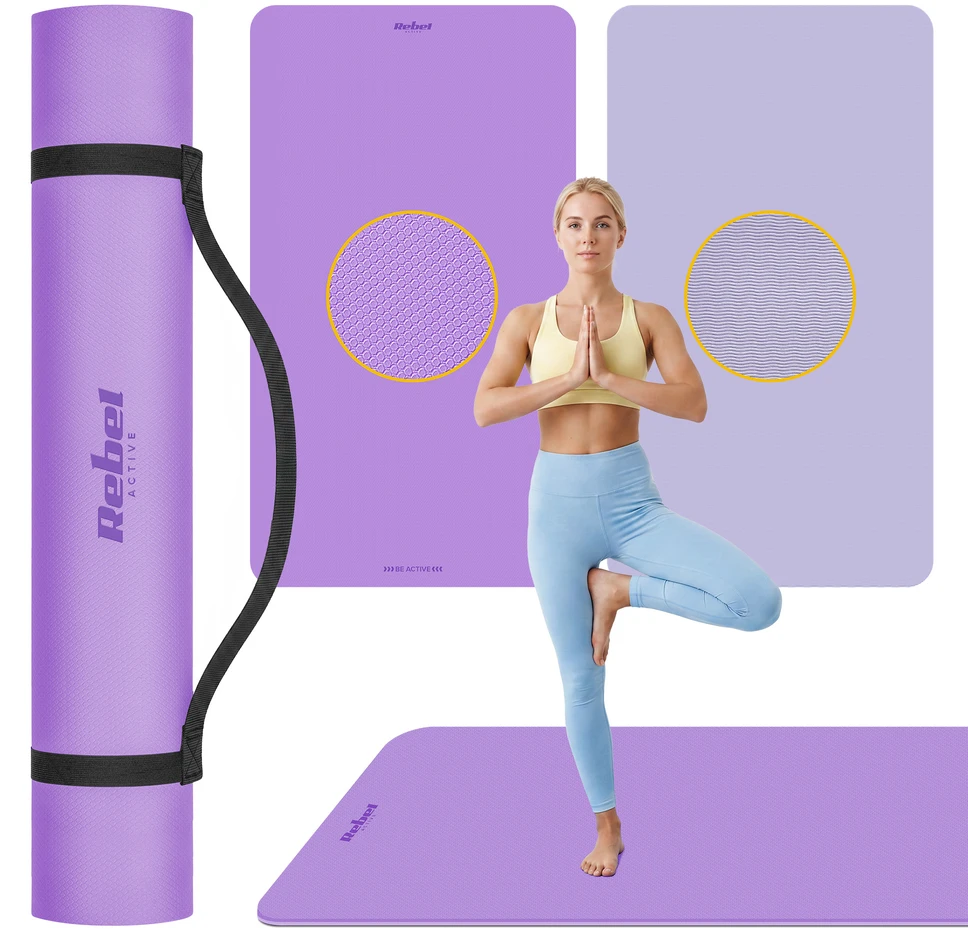 Mata Gimnastikos kilimėlis jogai, pilatesui, fitnesui, 200x115 cm, 1 cm storio, TPE medžiaga, violetinė, REBEL ACTIVE