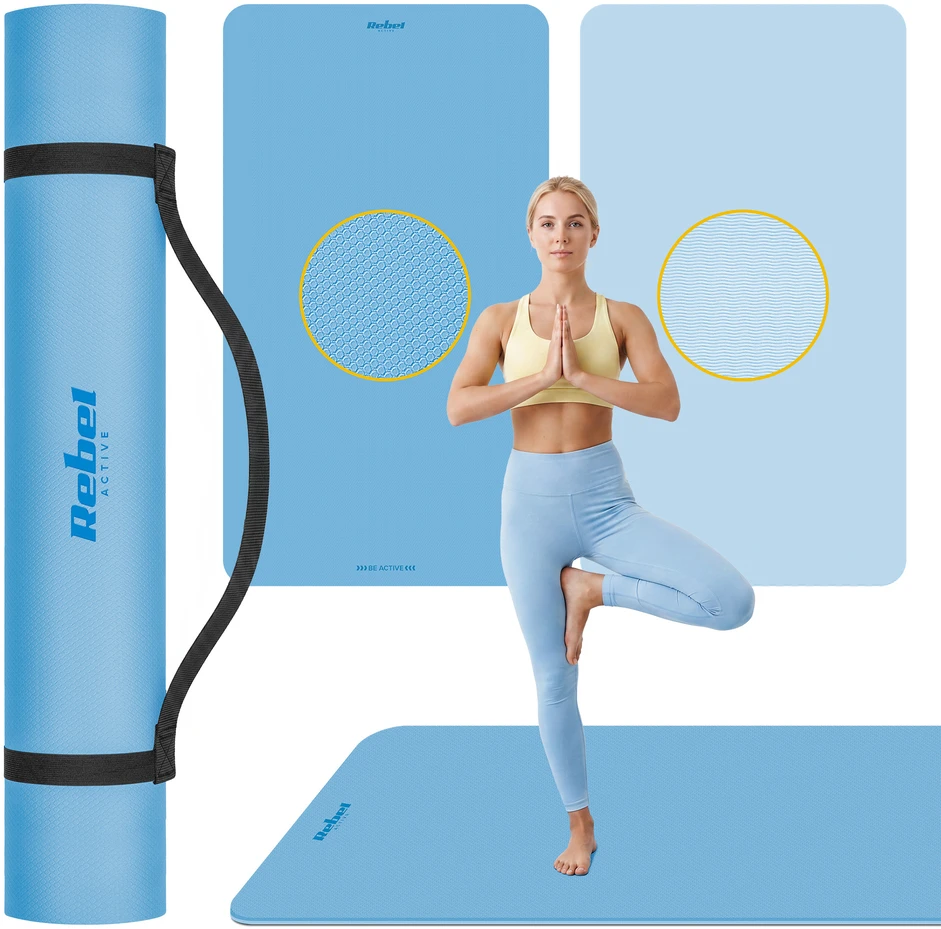 Mata Gimnastikos kilimėlis jogai, pilatesui, fitnesui, 200x115 cm, 1 cm storio, TPE medžiaga, mėlynas, REBEL ACTIVE