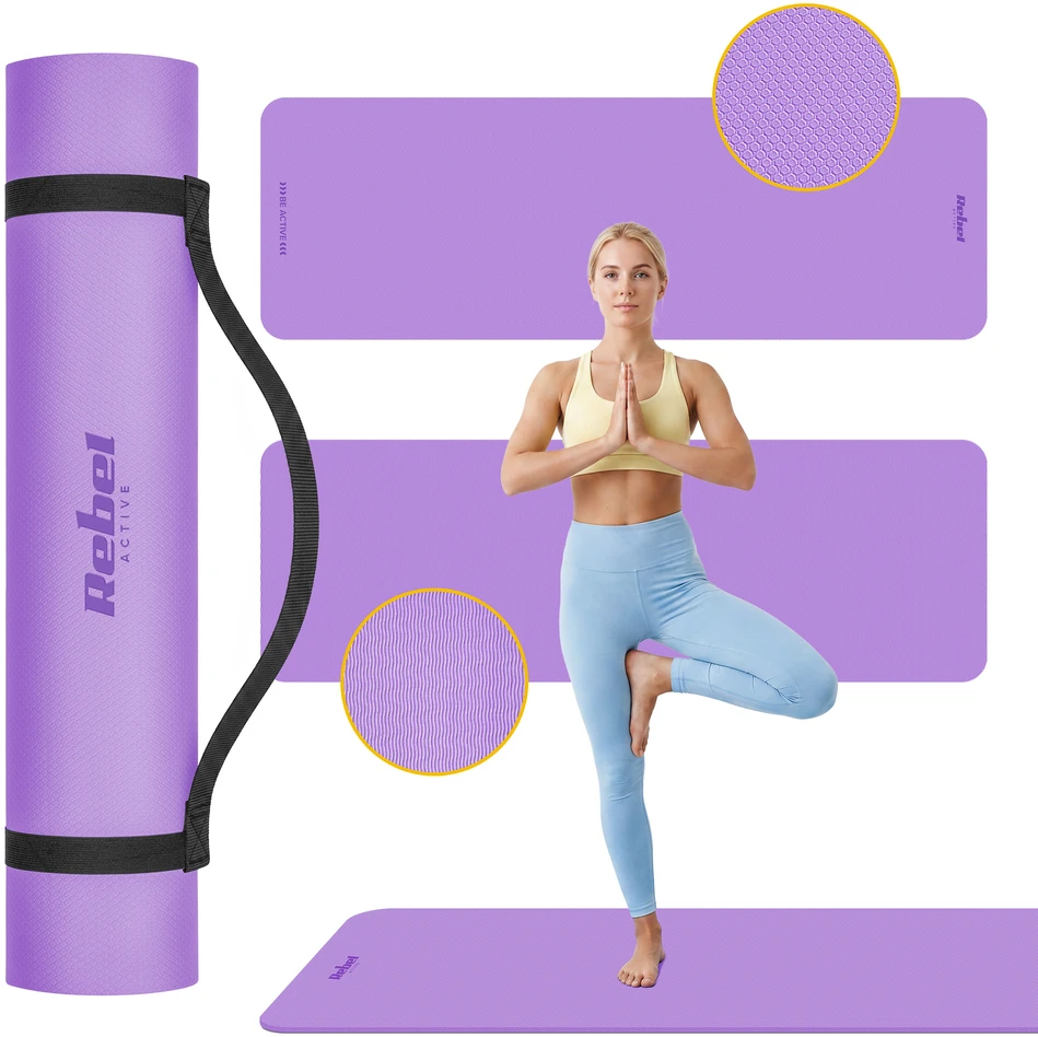 Mata Gimnastikos kilimėlis jogai, pilatesui, fitnesui, 183x61cm, 1cm storio, TPE medžiaga, violetinė, REBEL ACTIVE