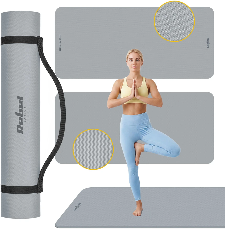 Mata Gimnastikos kilimėlis jogai, pilatesui, fitnesui, 200x90cm, 1cm storio, TPE medžiaga, pilkas, REBEL ACTIVE