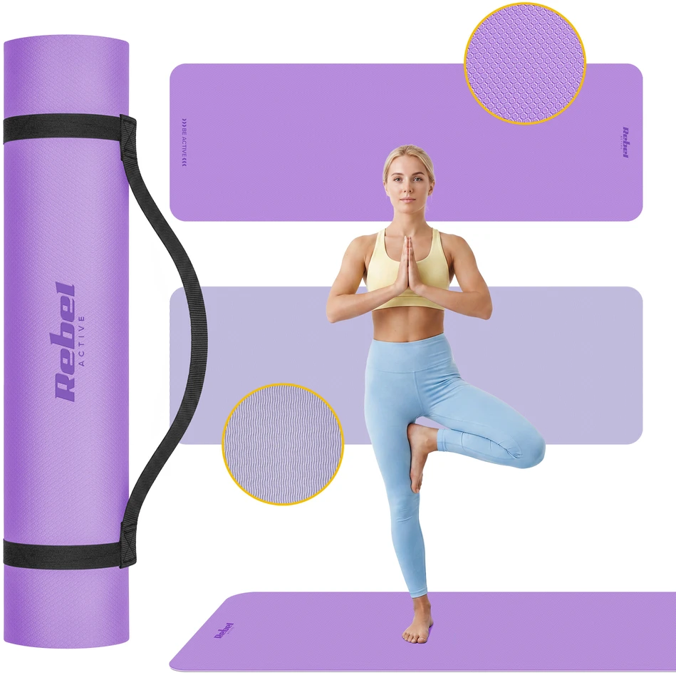 Mata Gimnastikos kilimėlis jogai, pilatesui, fitnesui, 183x61cm, 1cm storio, TPE medžiaga, violetinė, REBEL ACTIVE