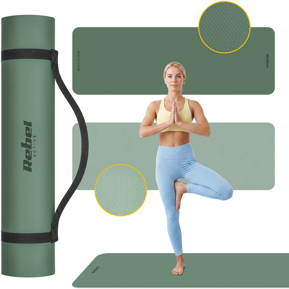 Mata Gimnastikos kilimėlis jogai, pilatesui, fitnesui, 183x61cm, 1cm storio, TPE medžiaga, žalias, REBEL ACTIVE
