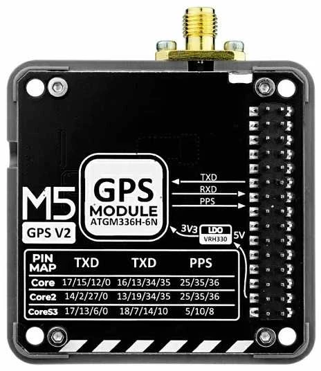 M5Stack GPS V2 modulis su pinų schema ir SMA jungtimi
