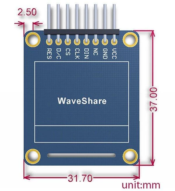 Grafinis OLED spalvotas ekranas 0.95" (A) 96x64px SPI, kampinės jungtys, Waveshare 10507