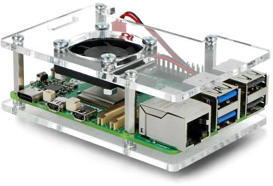 Skaidrus Raspberry Pi 5 dėklas su ventiliatoriumi