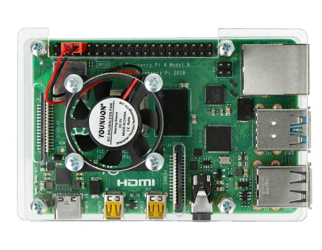 Gravlaser Raspberry Pi 4B/3B+/3B/2B dėklas, atidaromas, su ventiliatoriumi - skaidrus