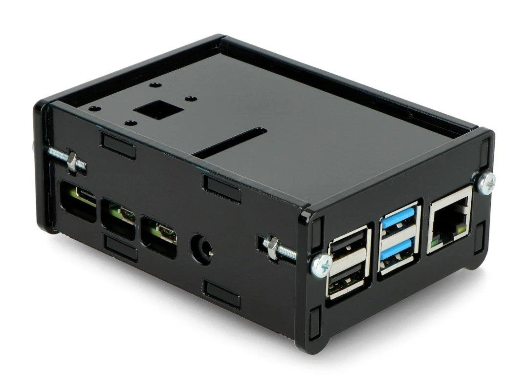 Raspberry Pi 4 juodas korpusas su jungčių išpjovomis