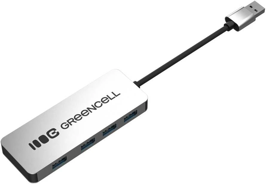 Green Cell Žalias Cell Adapteris Basic HUB Greencell USB-A 4in1 (4×USB 3.0) – greitas duomenų perdavimas iki 5 Gb/s, aliuminio korpusas