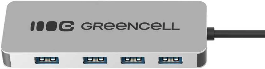 Green Cell Žalias Cell Adapteris Basic HUB Greencell USB-C 4in1 (4×USB-A 3.0) – greitas perdavimas iki 5 Gb/s, aliuminio korpusas