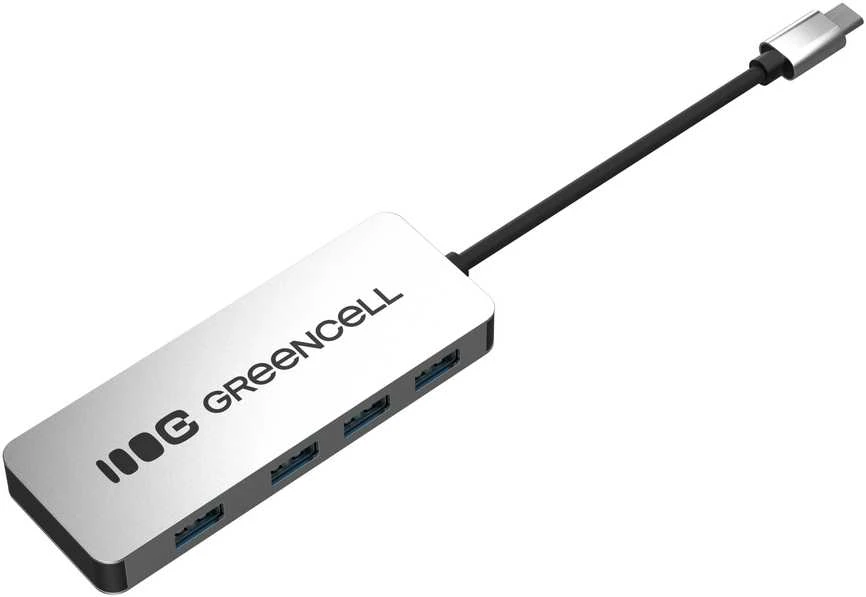 Green Cell Žalias Cell Adapteris Basic HUB Greencell USB-C 4in1 (4×USB-A 3.0) – greitas perdavimas iki 5 Gb/s, aliuminio korpusas
