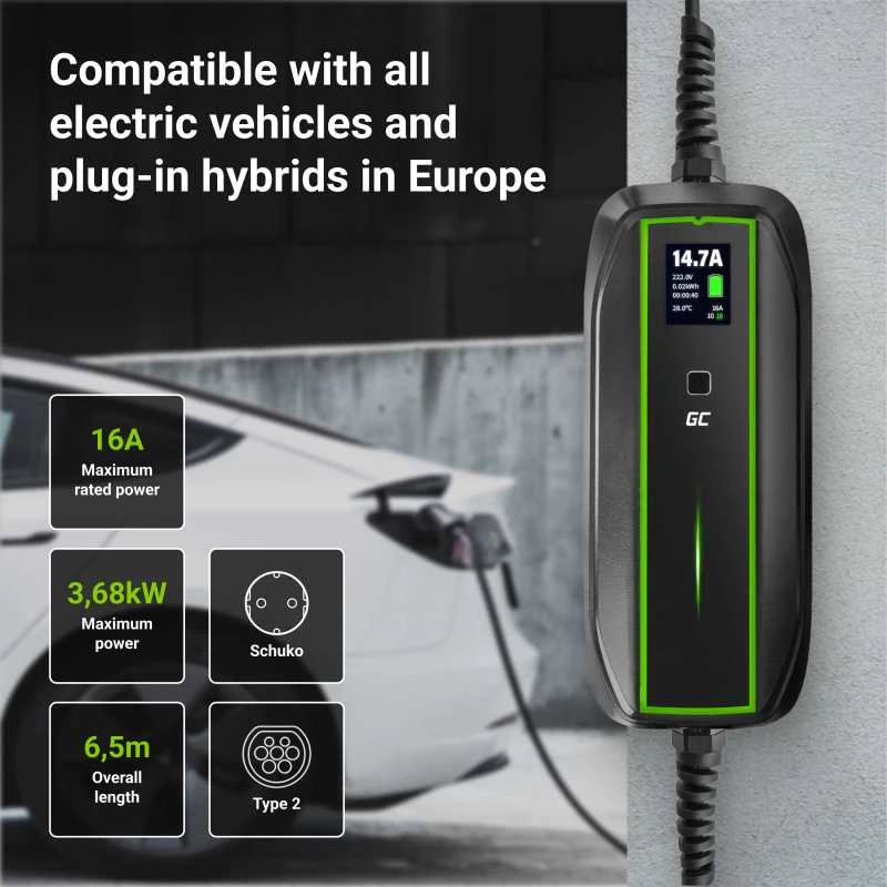 Wallbox Žalias Cell Žalias Cell | EV16 | GC EV PowerCable 3.6kW Schuko Type 2 mobilusis įkroviklis elektromobiliams ir Plug-In hibridams įkrauti | 3,6 kW | 10/16 A | 6,5 m | Juodas