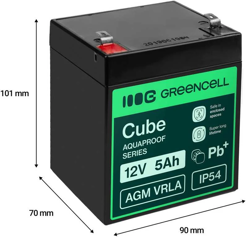 Green Cell Žalias Cell Greencell AGM VRLA 12 V 5 Ah nereikalaujanti priežiūros baterija kasos aparatams, žaislams, fotoaparatams (91 x 70 x 102 mm)