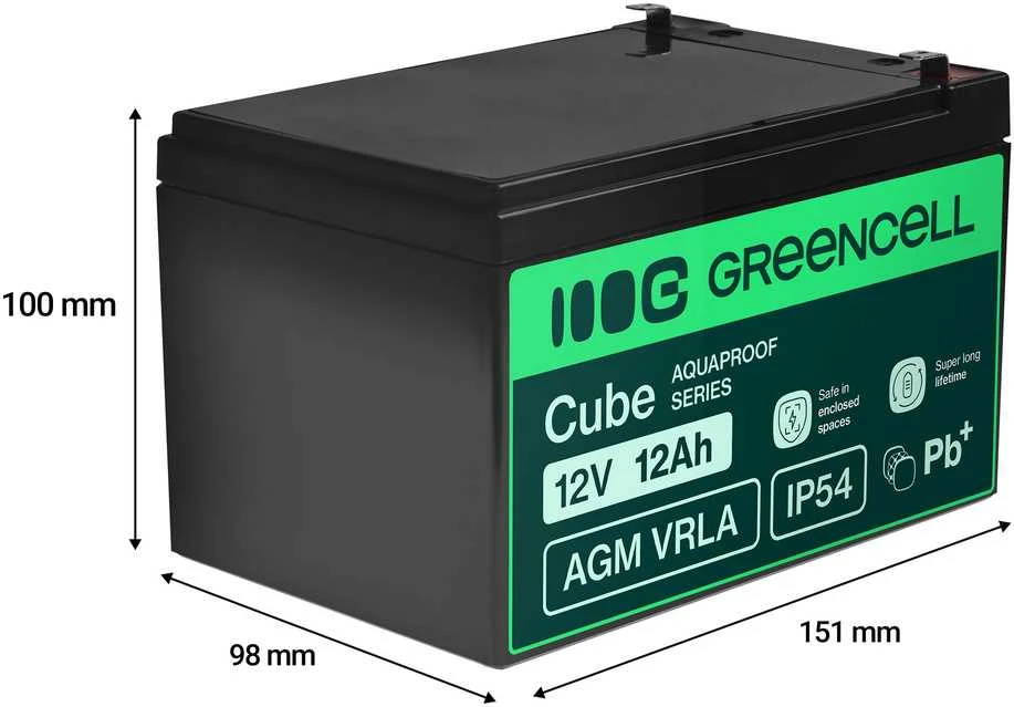 Green Cell Žalias Cell Greencell AGM VRLA 12V 12Ah nereikalaujanti priežiūros baterija kasos aparatams, žaislams, fotoaparatams (152x99x100mm)