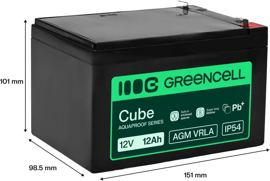 Green Cell Žalias Cell Greencell AGM VRLA 12V 12Ah nereikalaujanti priežiūros baterija kasos aparatams, žaislams, fotoaparatams (151x98.5x95mm)