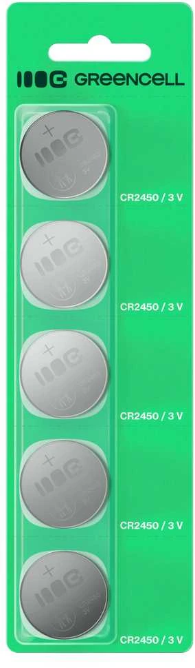 Green Cell Žalias Cell Greencell blisterinėje pakuotėje yra 5 ličio baterijos CR2450 3V 600mAh, skirtos raktams, laikrodžiams, nuotolinio valdymo pultams, svarstyklėms