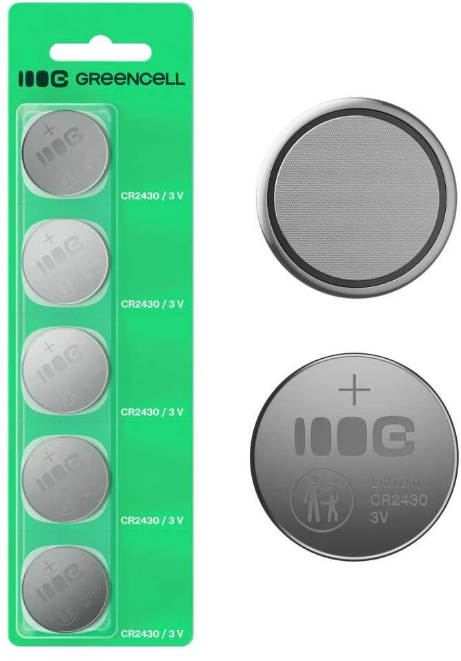 Green Cell Žalias Cell Greencell blisterinės pakuotės 5 ličio baterijos CR2430 3V 290mAh, skirtos raktų pakabukui, laikrodžiui, nuotolinio valdymo pultui, svarstyklėms