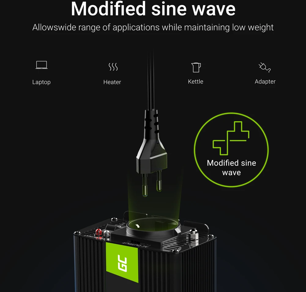 Green Cell Greencell maitinimo keitiklis nuo 24 V iki 230 V, 500 W / 1000 W, modifikuota sinusoidė - LIZDAS