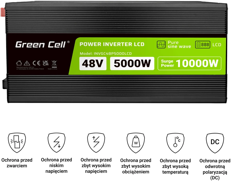 Green Cell Greencell PowerInverter LCD 48 V 5000 W / 10000 W automobilio keitiklis su ekranu – gryna sinusoidė – LIZDAS