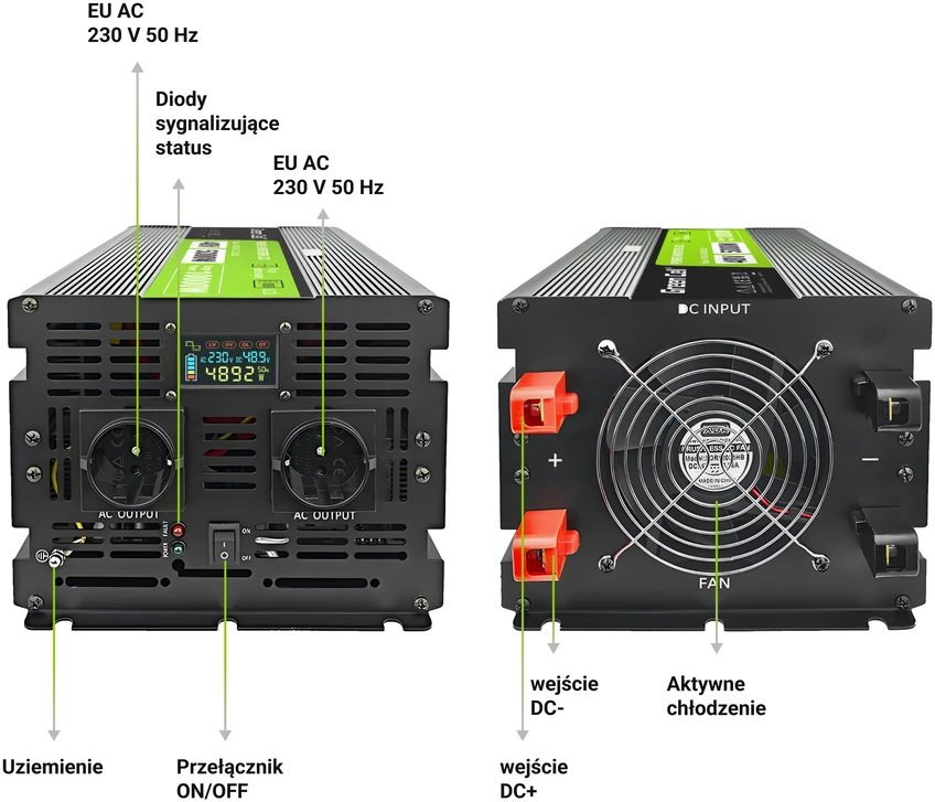 Green Cell Greencell PowerInverter LCD 48 V 5000 W / 10000 W automobilio keitiklis su ekranu – gryna sinusoidė – LIZDAS