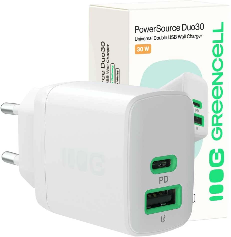 Green Cell Žalias Cell Greencell PowerSource Duo30 įkroviklis USB/USB-C baltas maitinimo adapteris 30W maitinimo tiekimas