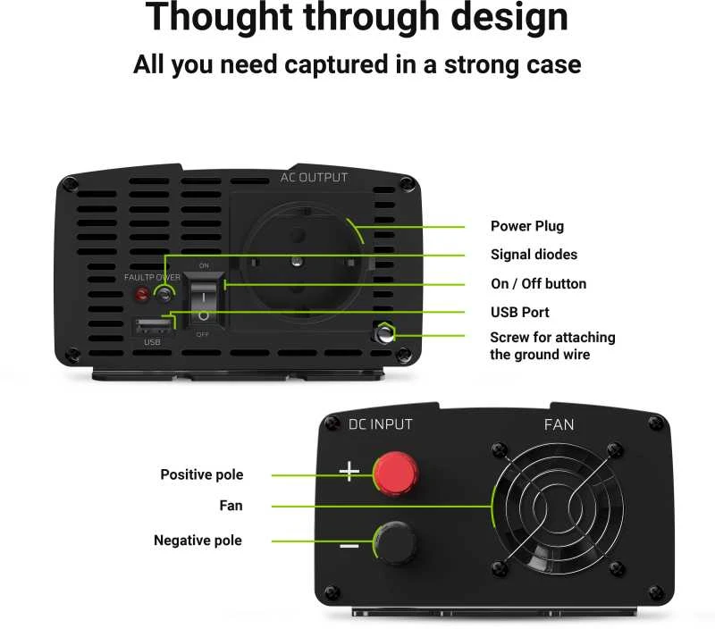 Green Cell Žalias Cell Inverteris 12V/230V 1000W/2000W Sinusinė išėjimo įtampa Žalias Cell