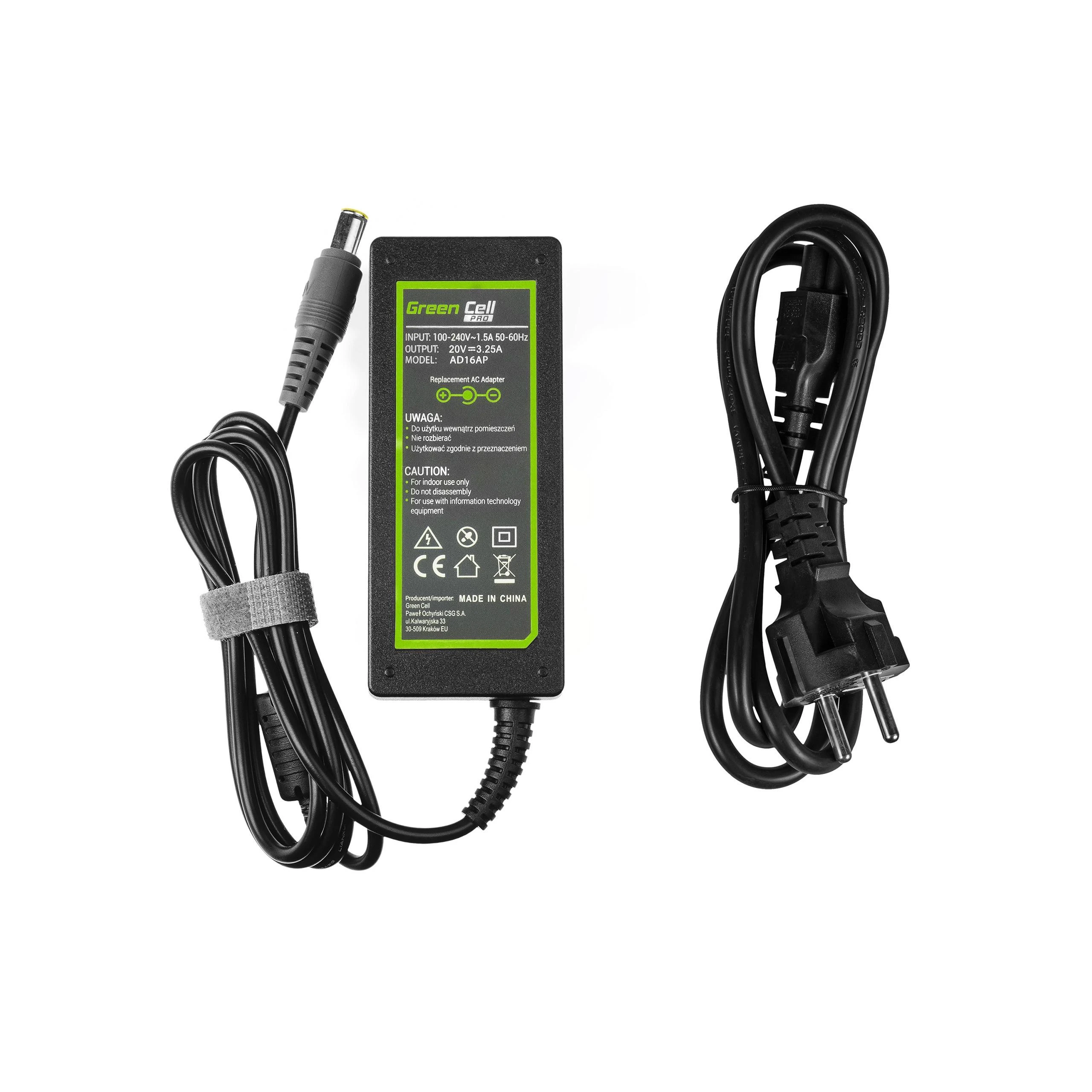 GREENCELL AD16AP įkroviklis / kintamosios srovės adapteris Žalias Cell for Lenovo 20V 3.25A 65W 7.7-5.5mm