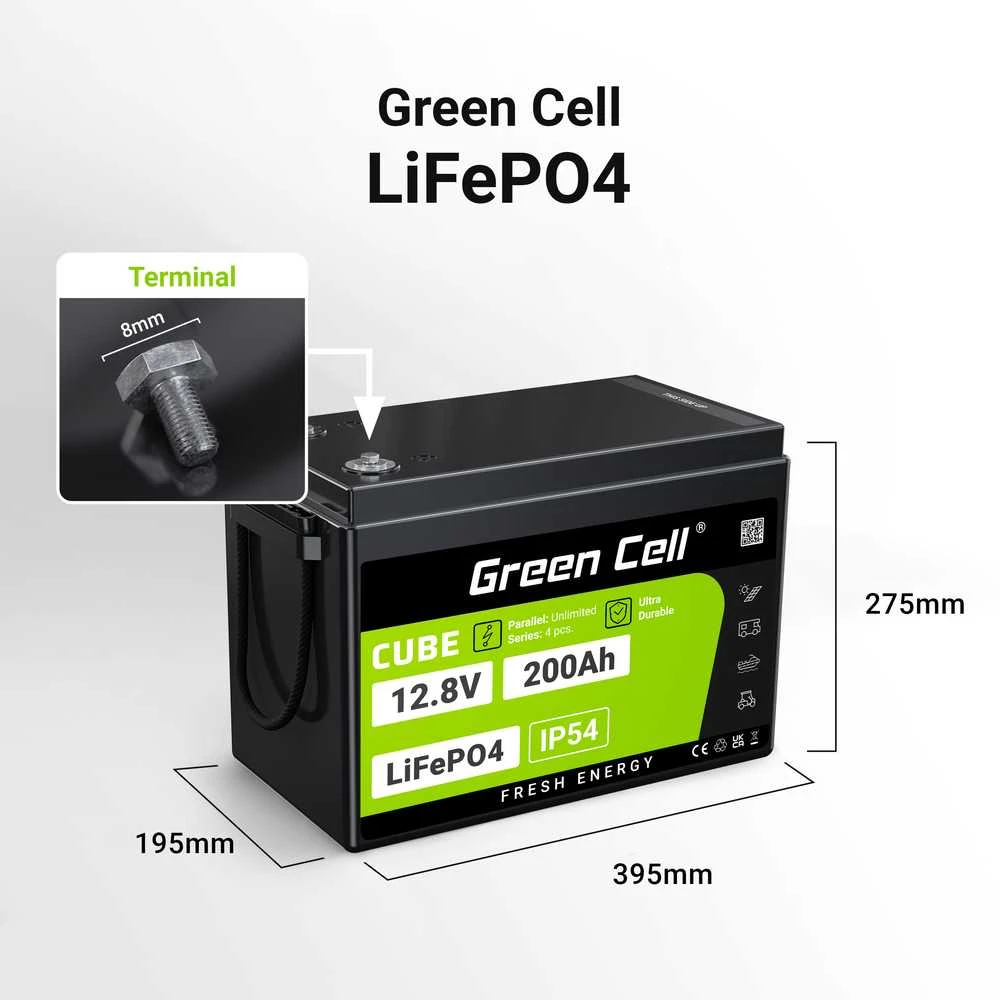 Green Cell Žalias Cell CUBE Akumuliatorius LiFePO4 200Ah 12.8V 2560Wh Ličio-geležies-fosfato akumuliatorius kemperiams, saulės baterijoms, maisto sunkvežimiams