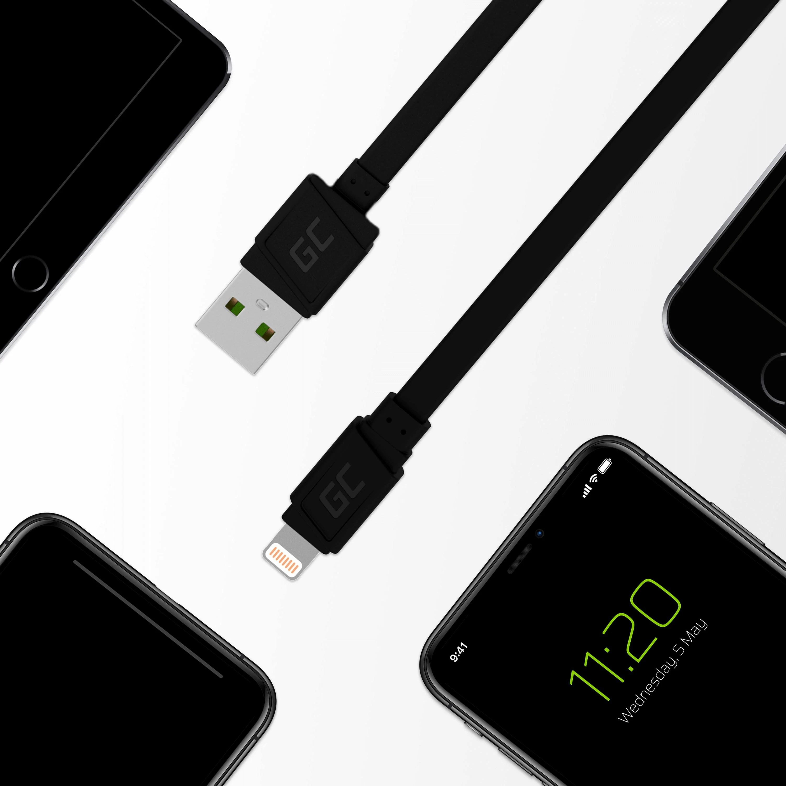 Žalias Cell GREENCELL KABGC02 GCmatte Lightning Plokščias kabelis 25 cm su greitu įkrovimu Apple 2.4A
