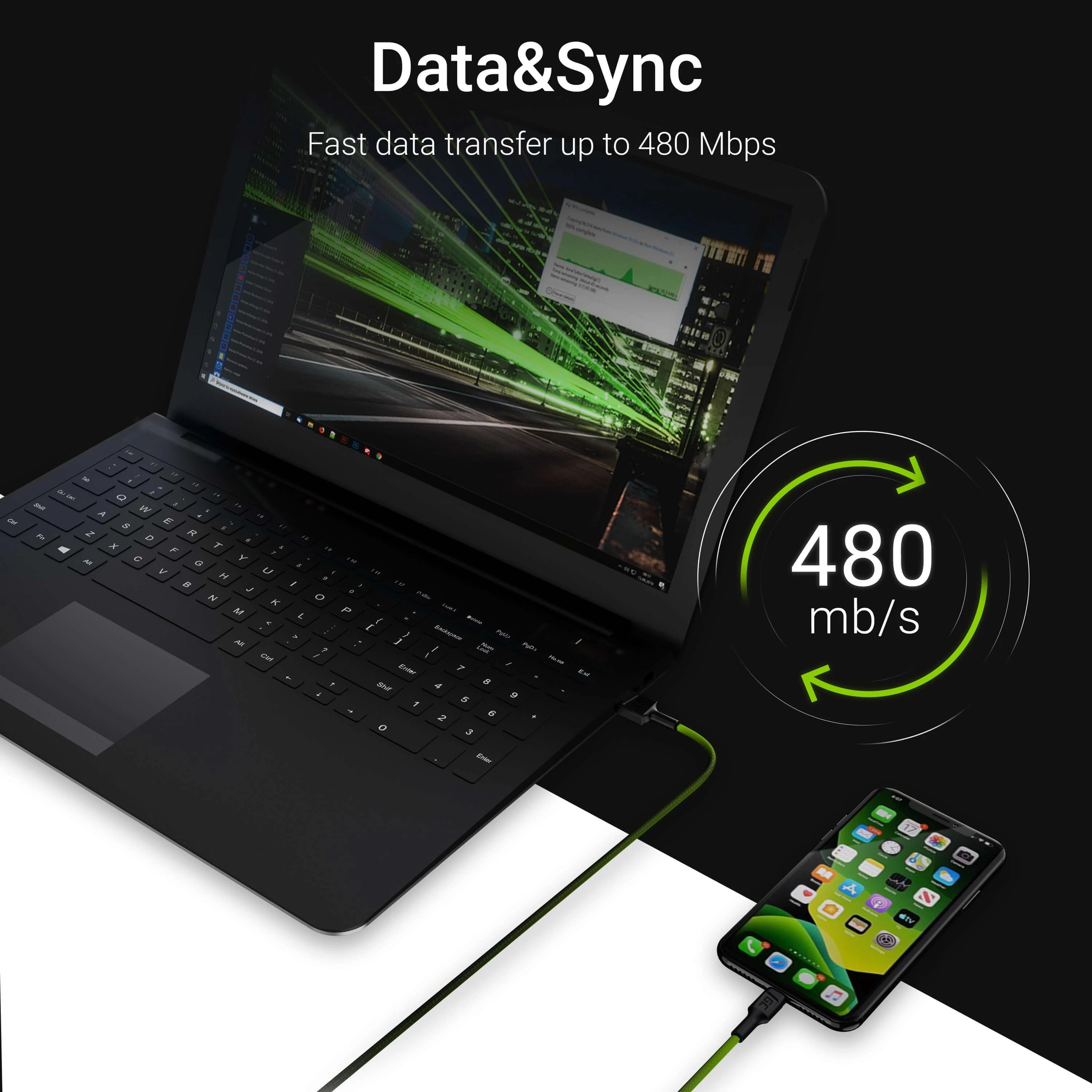 Green Cell Žalias Cell GREENCELL KABGC05 Kabelis Žalias Cell Ray USB-A - Lightning Baltas LED 120cm su Apple palaikymu