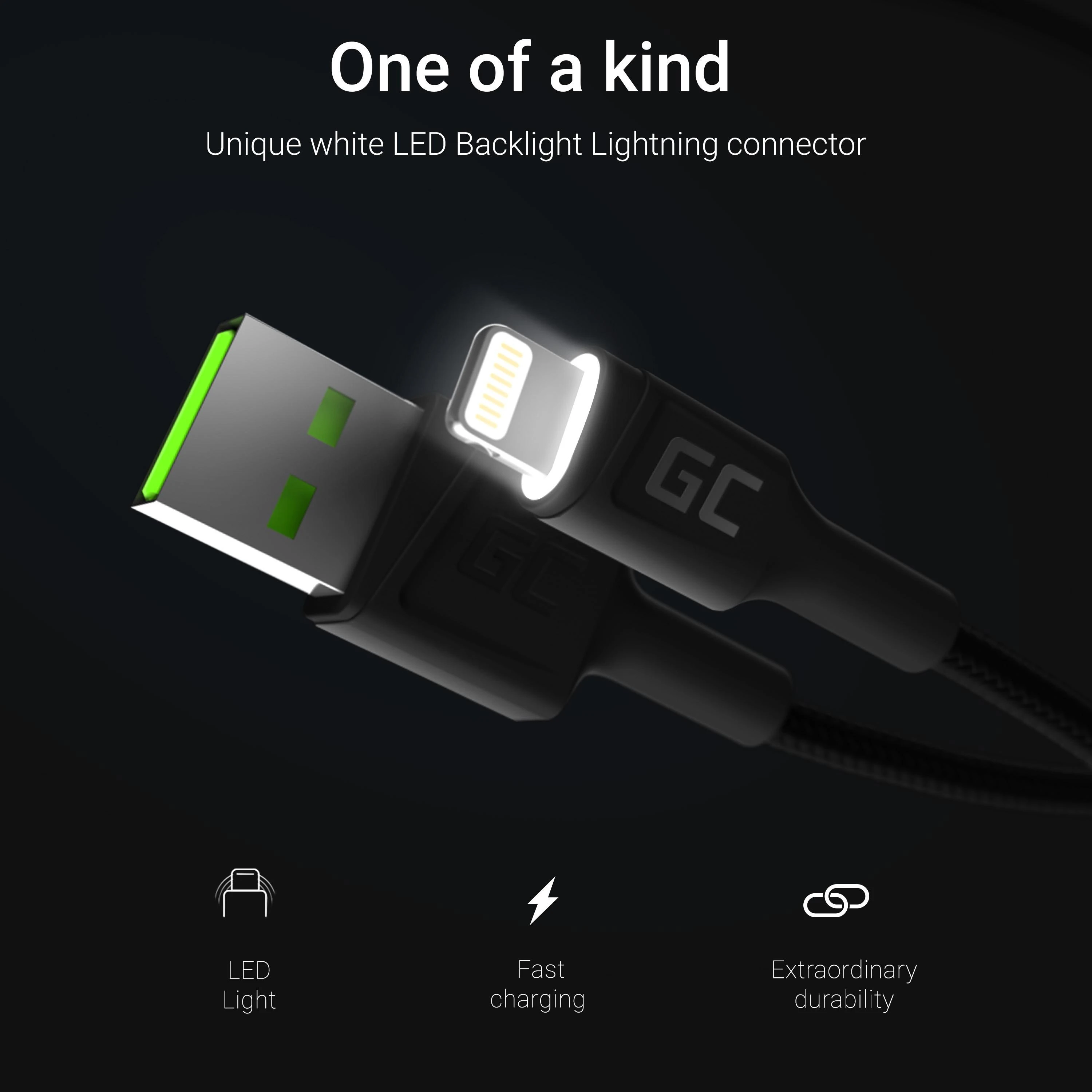 Žalias Cell Cable Žalias Cell Ray USB-A - Lightning Baltas LED 200cm su Apple 2.4A greito įkrovimo palaikymu
